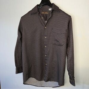 John Henry Men Small Long Sleeve Button Up Brown/ Black Dress Shirt Front Pocket